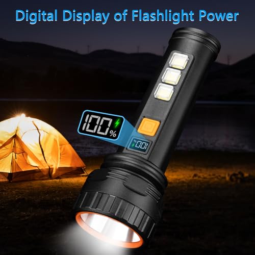 KERNOWO Solar Flashlights, 1500 Lumens Led Solar Powered Flashlight with Digital Display 2000mAh Battery Rechargeable Handheld IP65 Waterproof Flashlights for Survival Emergencies, 4 Pack