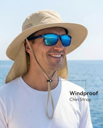One Size Khaki Sun Hat for Men with Wide Brim & Neck Flap - UV Protection for Fishing & Hiking