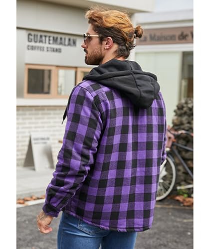 Dekomere Mens Flannel Shirt Jacket Sherpa Lined Plaid Hoodie X-Large Dark Purple