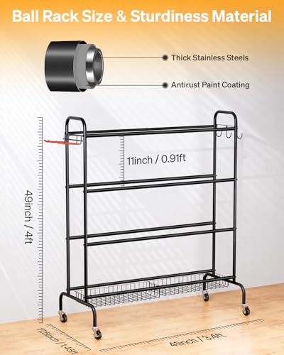 4-Tier Heavy-Duty Ball Storage Rack with Wheels & Baskets