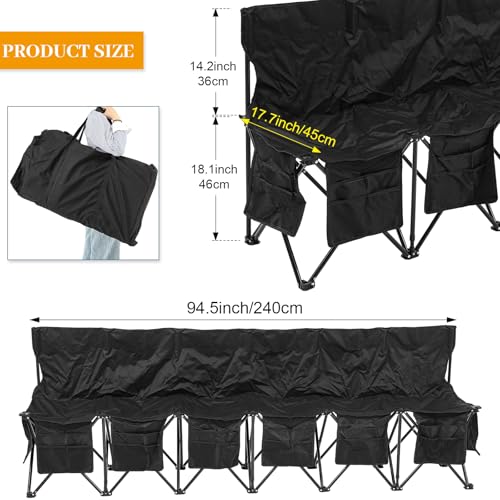 6 Seat Folding Soccer Bench - Portable Sports Team Seating with Storage - Black