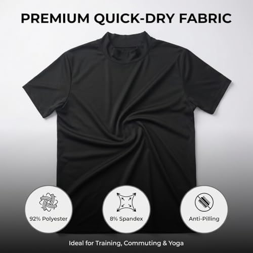 Men Short Sleeve Mock Neck T-Shirt Black Medium - Stretchy Sports Tee