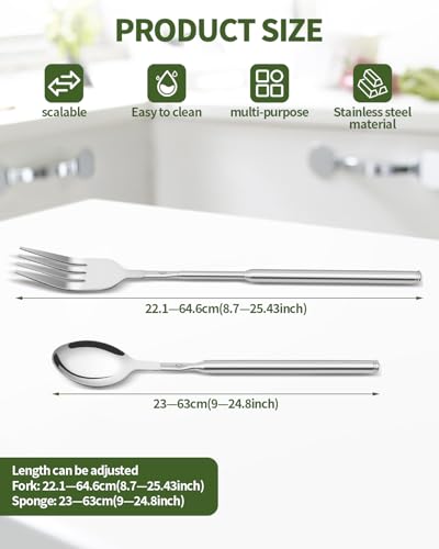 2-Piece Extendable Stainless Steel Fork and Spoon Set - Silver