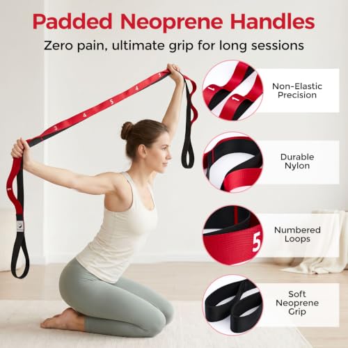 Red Slim Panda Stretching Strap with Oversized Loops for Yoga & Rehab - Non-Elastic Heavy Duty Nylon