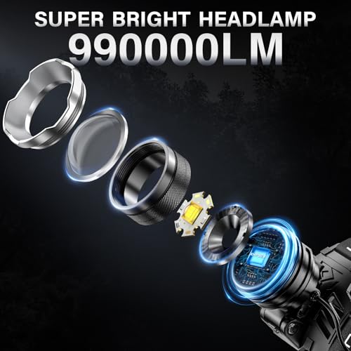 Rechargeable Headlamp - 99000 High Lumens, 95H Battery Life, Waterproof, 12 Modes, Zoomable - 1 Pack White Light