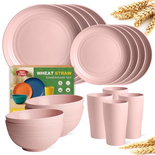 Teivio Pink 16-Piece Wheat Straw Dinnerware Set for Kids & Outdoor Camping
