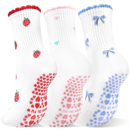 Women’s Pilates Socks with Grips - Cotton Ruffle Crew Socks - Pastel Berry Bow