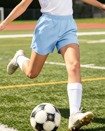 High Waisted Girls Running Shorts - Athletic Sports Gym Shorts - Blue, 13-14 Years