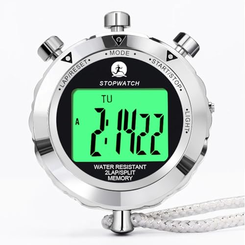 Metal Stopwatch with Backlight - 2 Lap Memory Timer for Sports