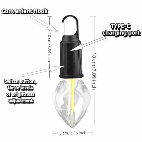 Portable LED Camping Lantern, USB-C Rechargeable Tent Light with Hanging Hook