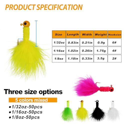 INFISHCEO 50Pcs Feather Jig Hooks Kit 1/16oz 1/32oz 3.5g Fishing Lures