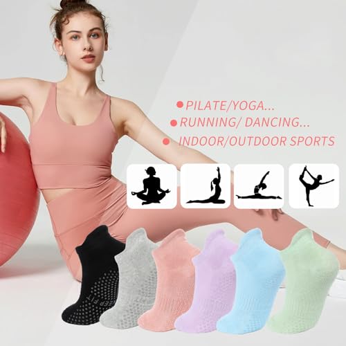 Non-Slip Pilates Socks with Grips - Cotton Yoga Barre Socks - Grey/Black/Pink
