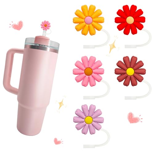 5-Piece Flower Silicone Straw Covers - 10mm Dust-Proof Toppers - Warm Tones