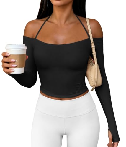 Yousify Women's Y2K Off Shoulder Long Sleeve Halter Workout Top - Small Black