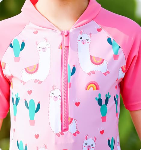 Symunnia Girls' Pink Alpaca 9-10 Years One-Piece Skirted Swimsuit with Floral Rash Guard