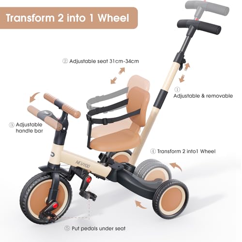 5-in-1 Tricycle for Toddlers 1-3 with Push Handle - Khaki