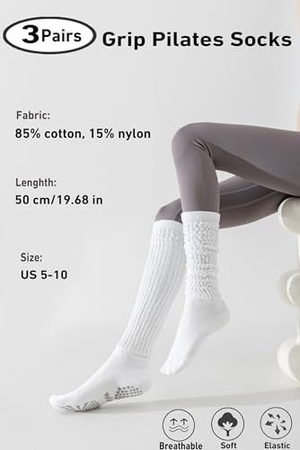 Grip Pilates Socks for Women - 3 Pairs Slouch Scrunch Yoga