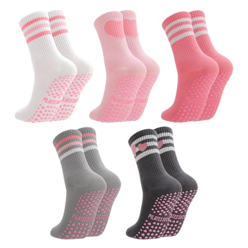 Pilates Socks with Grips for Women - Heart Striped, 5 Pack