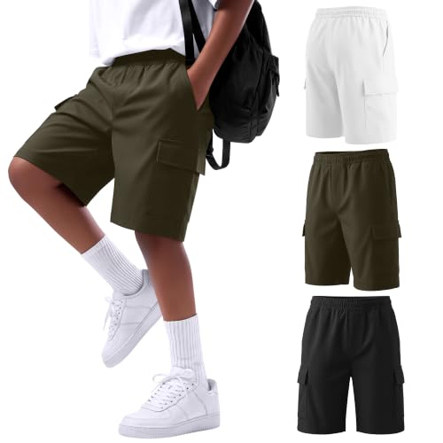 Kids Boys Cargo Shorts 3 Pack - School Uniform Summer Pants, Size 10-11 Years, Olive Green, White, Black