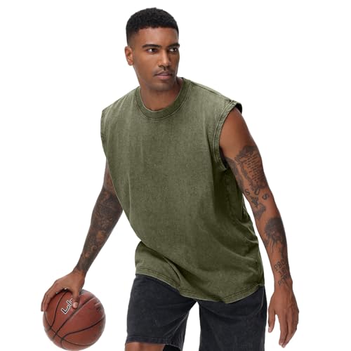 Men's Cotton Sleeveless Tank Top - Muscle Gym Workout T-Shirt, Beach & Running, XL Army Green/Blue/Coffee/Black