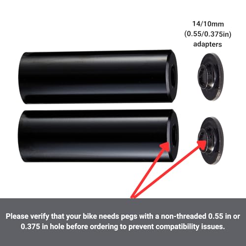 Black BMX Pegs for Grinding - Co-Mo Steel, 110mm Length, 38mm Diameter, 14mm Axle Hole with 3/8" Adapter