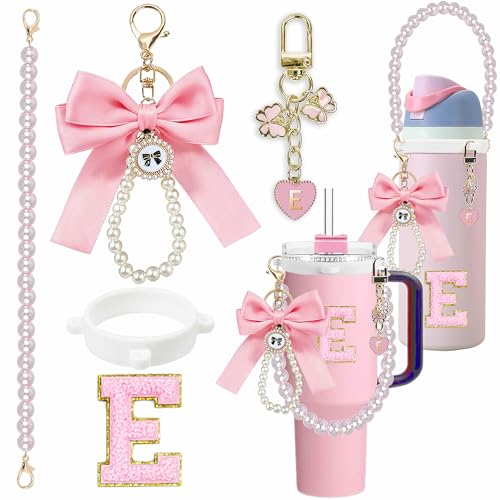 Pearl Handle Strap with Bow Charm for Owala Water Bottle - Pink/E