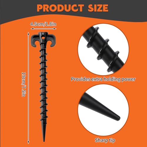 Spiral Tent Stakes - 8 Pack 7.5 Inch Black Plastic Anchors