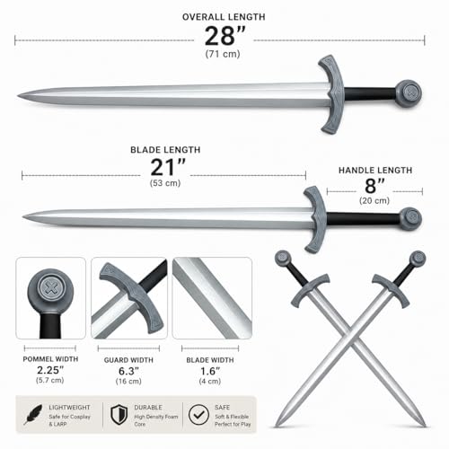 2-Pack Foam Medieval Excalibur Swords with Metallic Finish for Cosplay and Display