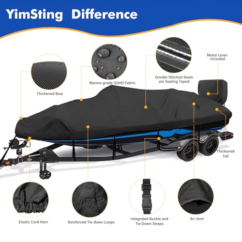 Heavy Duty Waterproof Boat Cover 16-18.5 ft V-Hull, Black
