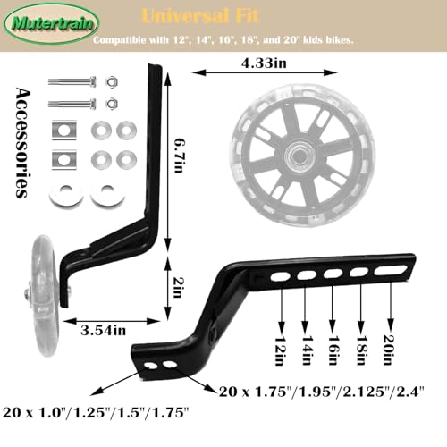 Mutetrain Black Kids Bike Training Wheels for 12-20 Inch Single-Speed Bicycles