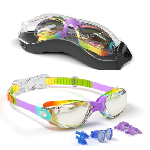Hurdilen Mirrored Rainbow Kids Swimming Goggles with Nose Clip & Earplugs - Age 3-15