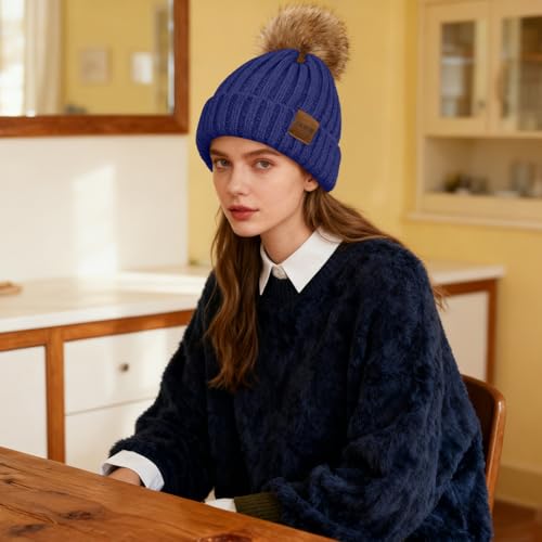 Women's Winter Knitted Beanie Hat with Faux Fur Pom - Navy Blue