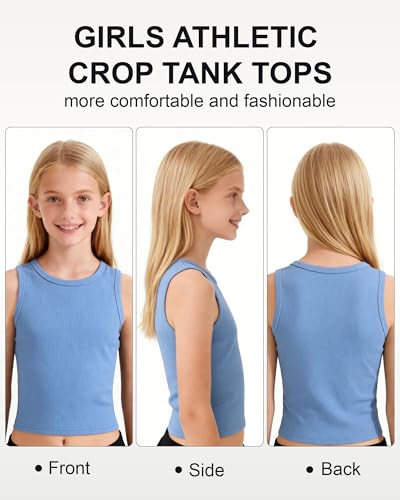 Girls Ribbed Knit Crop Tank Top - Crew Neck Sports Shirt - 13-14 Years Blue