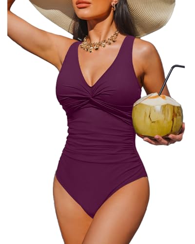 Women's Large Purple Tummy Control One Piece Swimsuit with Push-Up & Full Coverage
