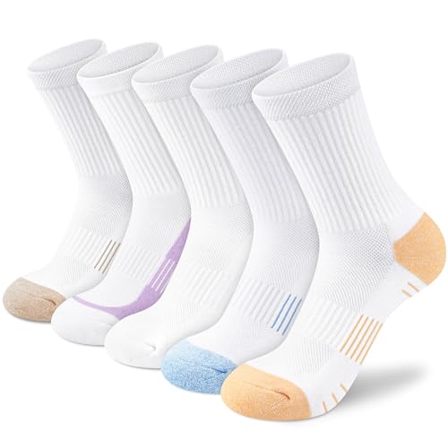 Women Athletic Crew Socks 3-5 Pairs Cushioned Running Hiking White Assorted 8-10 Size