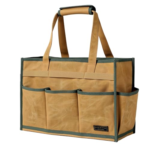Heavy-Duty Waxed Canvas Tool Tote Bag ? Large Capacity Tool Organizer with 14 External Pockets & Padded Handle | Durable Storage Tote for Contractors, Electricians & DIY (16.5" x 7" x 12", Khaki)