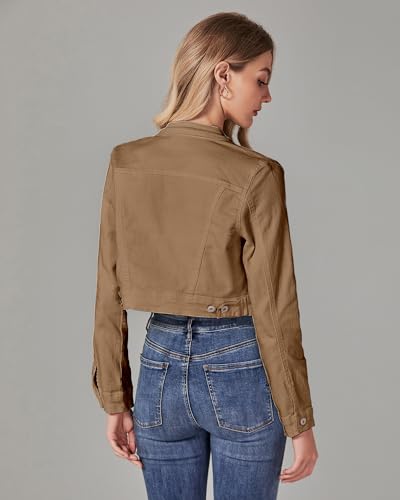 Luvamia X-Large Almond Brown Cropped Denim Jacket for Women Short Fitted Shacket