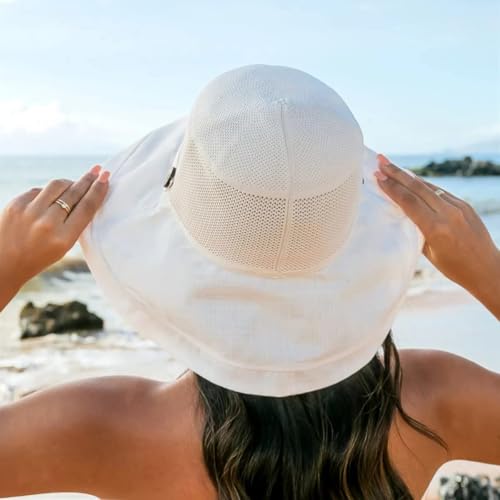 Women's Mesh Bucket Hat - UV Protection, Foldable, Beige, Medium