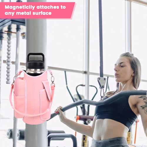 icolor Pink Neoprene Magnetic Gym Water Bottle Holder with Phone Pockets & Shoulder Strap