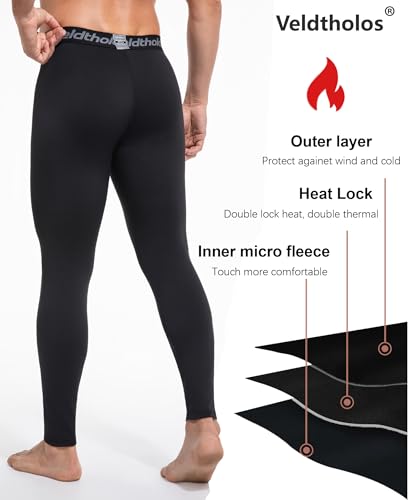 Veldtholos 5 Pack Men’s Thermal Compression Pants with Fleece Lined – Black (3 Black + 2 Black/Gray) Medium