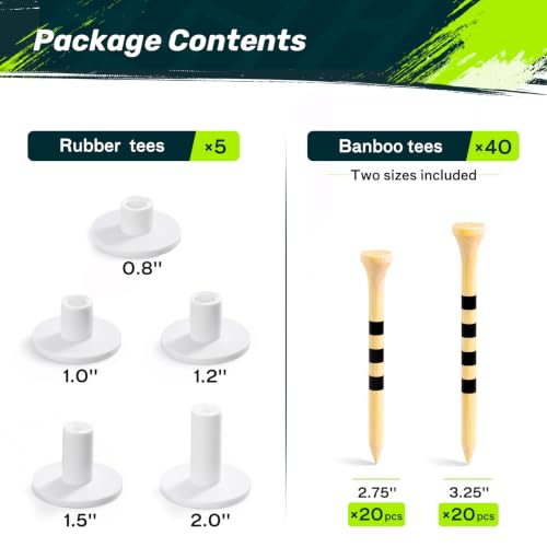 Golf Mat Tee Set - 5 Pack Rubber Tees & 40 Bamboo Tees - White