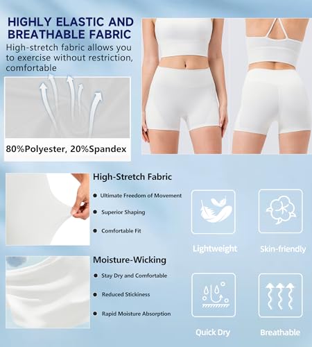 High Waisted Biker Shorts for Women with Pockets - White, Large