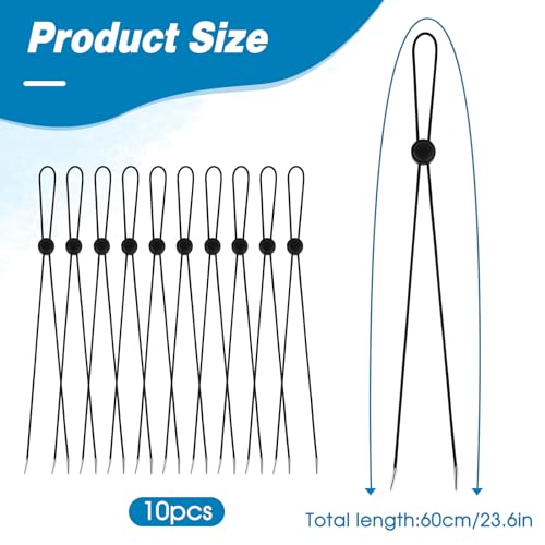 Adjustable Hat Chin Cord Clips - 10 Pcs Elastic Strap - Black