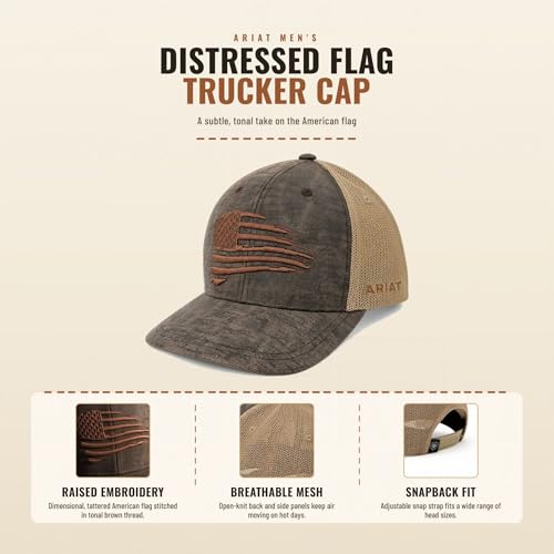 ARIAT Men's Brown Snapback Baseball Cap with Distressed USA Flag - One Size