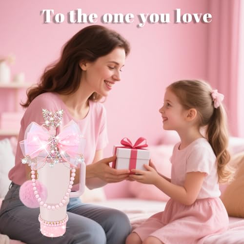 LBU Pink Bling Stanley Cup Accessories Set – 40/30/20 Oz Tumbler Charms & Bow Topper