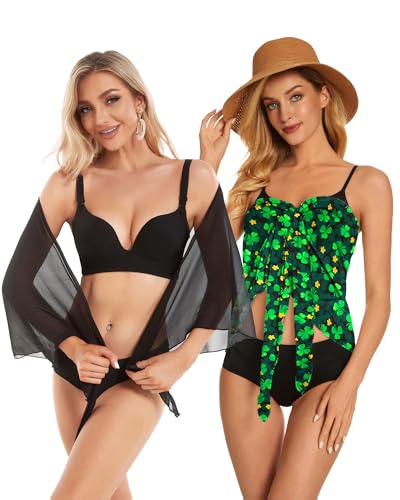 2-Piece Women's Sheer Beach Sarong Swimsuit Cover Up - Black & Green Clover