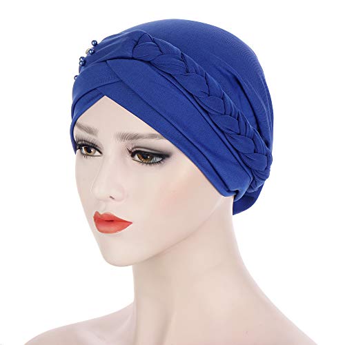 Women's Beaded Pre-Tied Turban Hat - Soft Silky Chemo Beanie - Blue