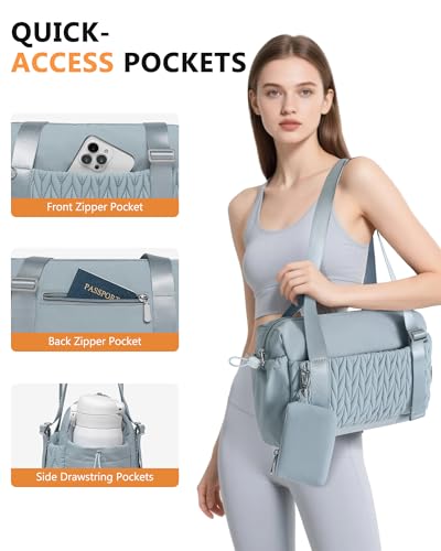BAVERGE Light Blue Small Quilted Gym Bag for Women with Wet Compartment & Coin Purse