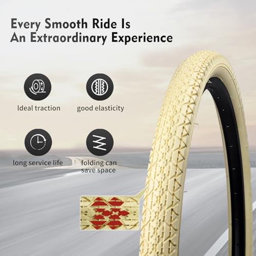 HUIOK 26x2.125 Bike Tires - Folding Beach Cruiser Replacement with Tubes & Levers, Cream