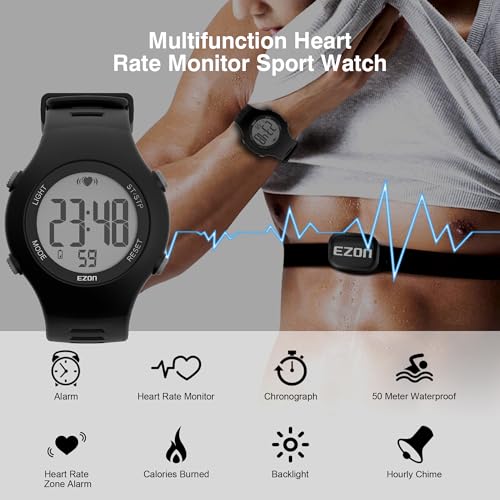 Heart Rate Monitor Chest Strap & Digital Watch - Black